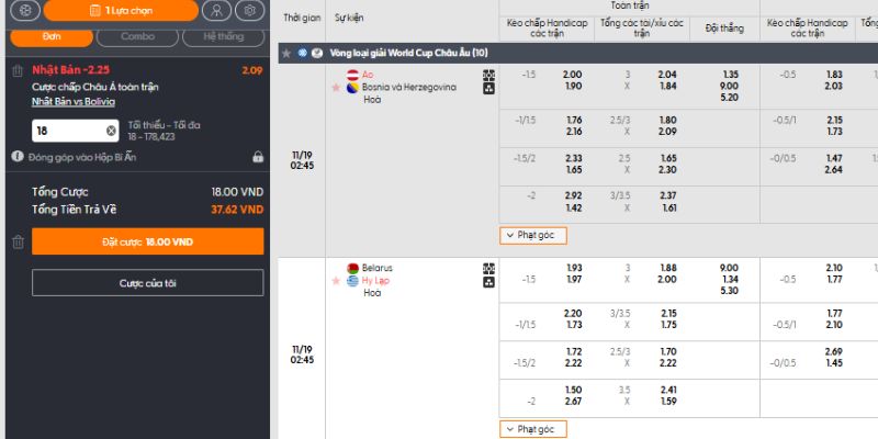 Giao diện đặt cược tennis hiện đại, thao tác nhanh chóng