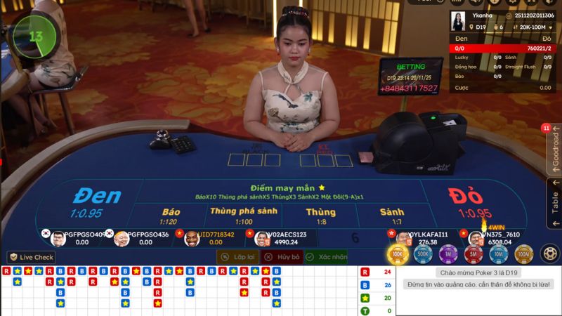 Giao diện chơi bài 3 lá cùng dealer người thật